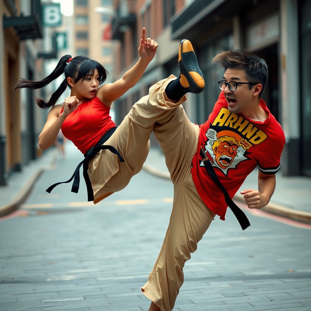 A dynamic scene featuring a Chinese woman expertly executing a flying kick aimed at an American nerd, who is caught off guard and falling backward in surprise