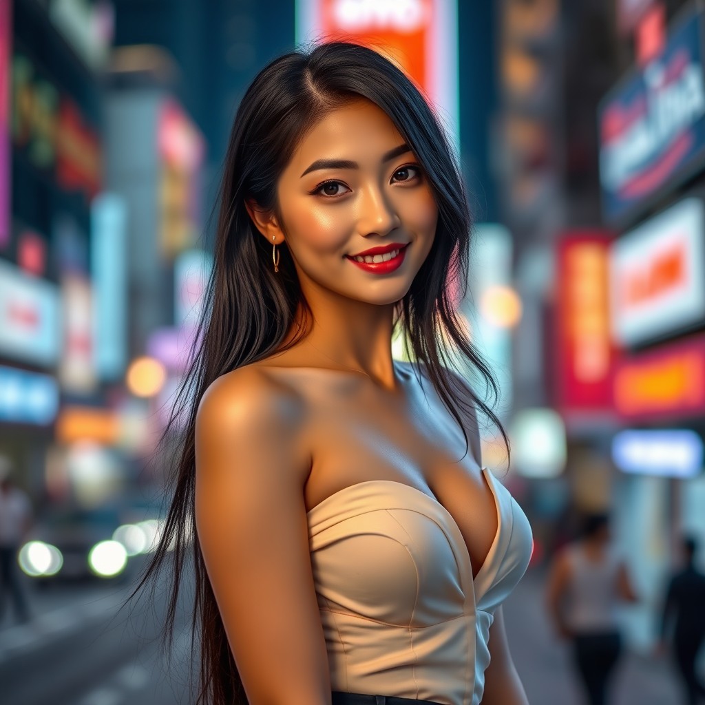 A beautiful Chinese woman with striking features, long black hair styled elegantly, wearing a fashionable and alluring outfit that showcases her figure