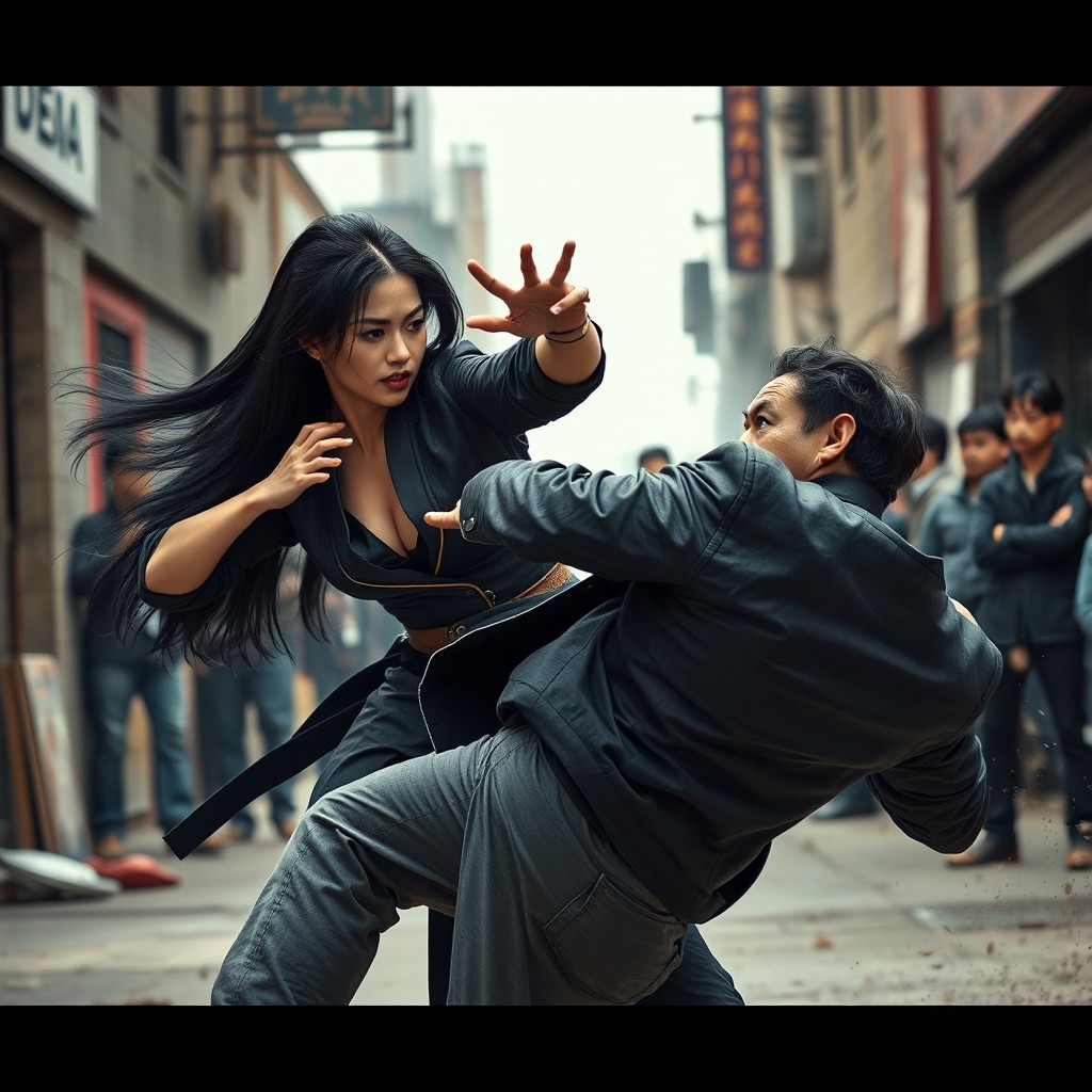 A dramatic and intense scene featuring a fierce Chinese woman striking an American man with great force, showcasing dynamic movement and expressions of power