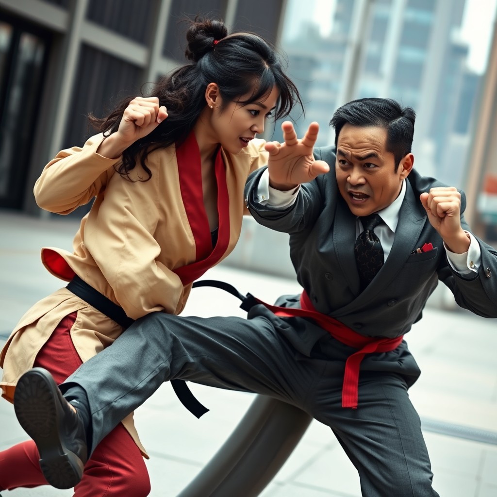 A dynamic scene depicting a powerful Chinese woman showcasing martial arts skills, delivering a strong punch to an American man dressed in conservative attire