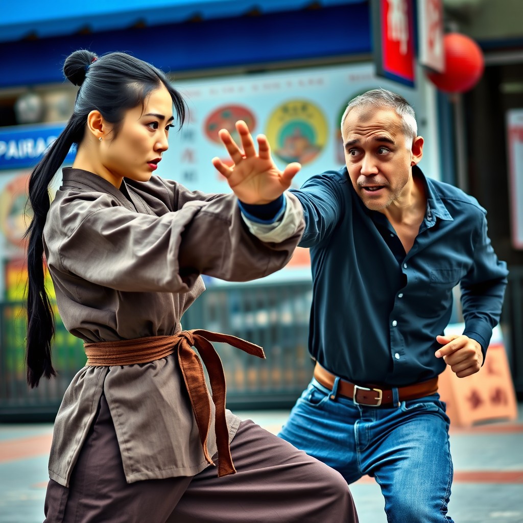A fierce Chinese woman in a martial arts stance, delivering a powerful punch towards an American man, who is expressing surprise and shock