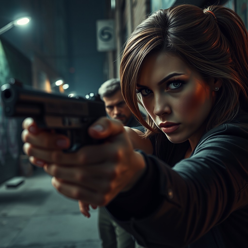 A dramatic and intense scene set in an urban environment, depicting a strong female character aiming a gun with determination