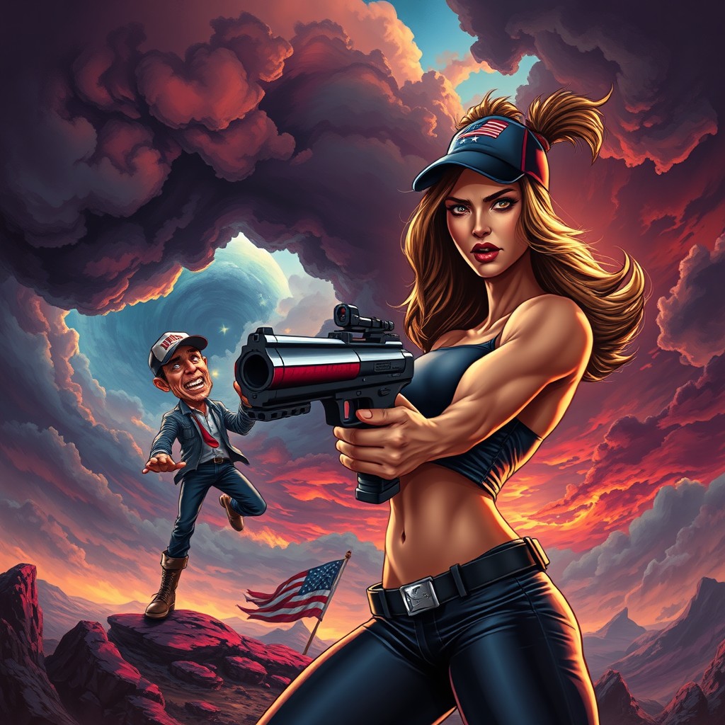 A surreal and symbolic fantasy scene depicting a powerful, fierce female character, confidently holding a futuristic firearm aimed at a caricature of an exaggerated stereotypical right-wing American figure, wearing a baseball cap and holding a flag