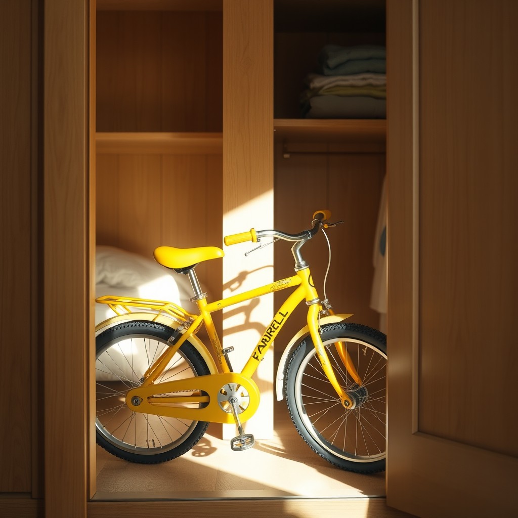 A small yellow bicycle neatly stored in a closet, showcasing its charming design