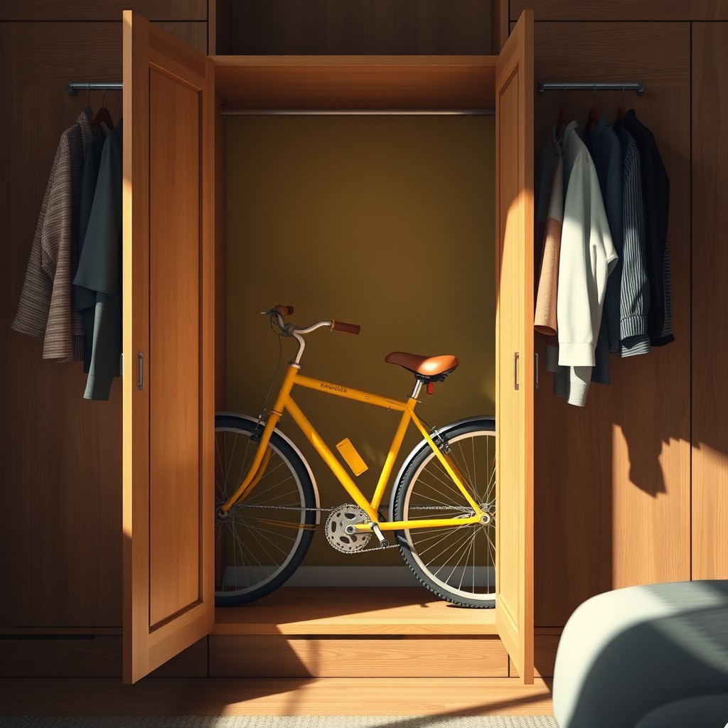 A realistic depiction of a yellow bicycle inside a wardrobe with minimal clothing hanging on the sides