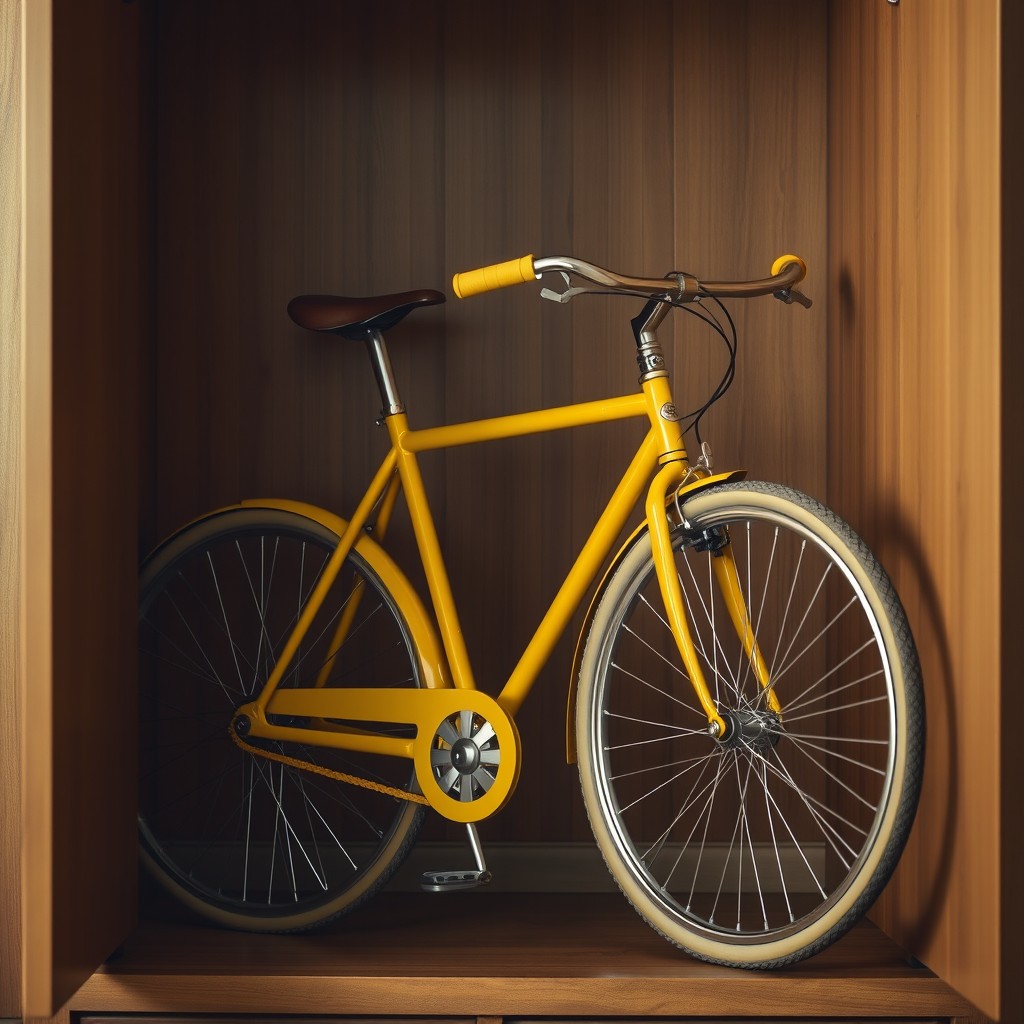 A vibrant yellow bicycle stored inside a wardrobe, featuring intricate details like shiny metal rims and a sleek frame, positioned with handlebars turned slightly