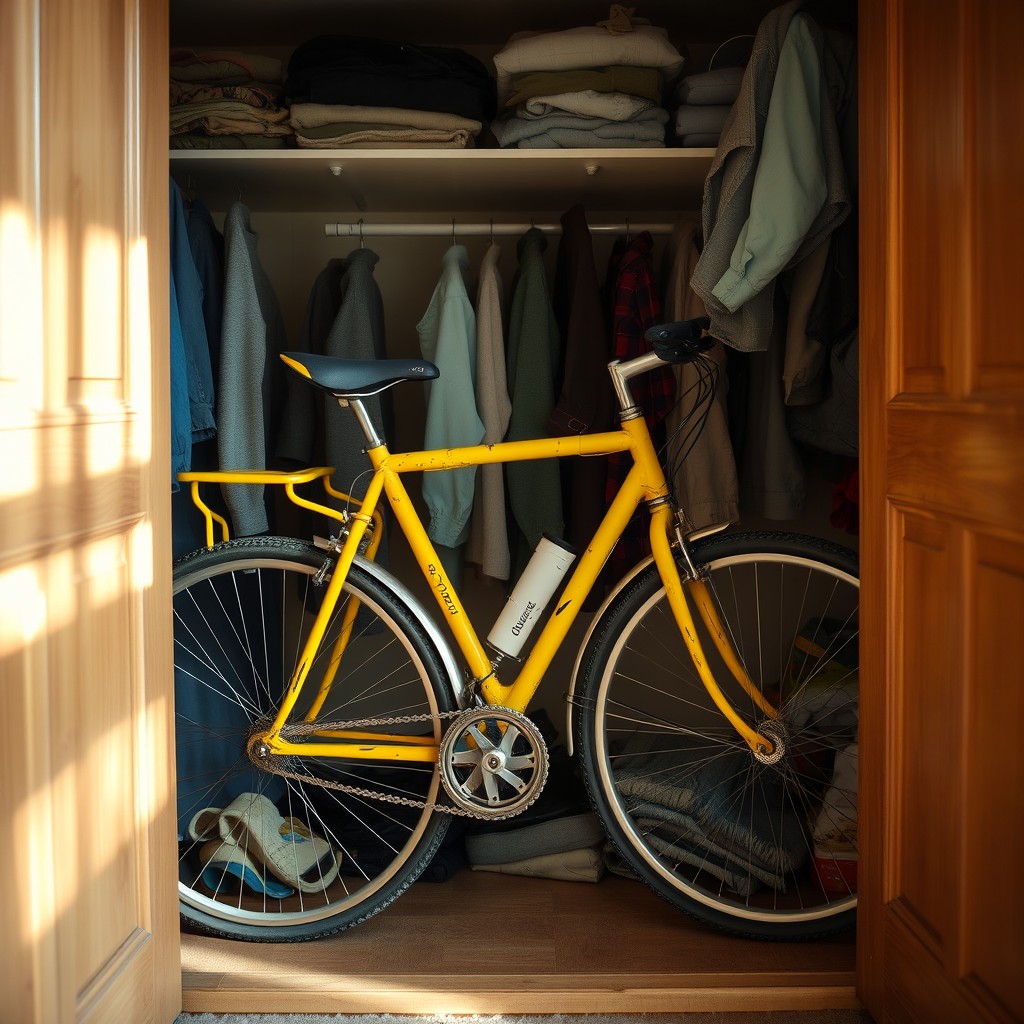 A yellow bicycle inside a closet, medium-sized and slightly dirty