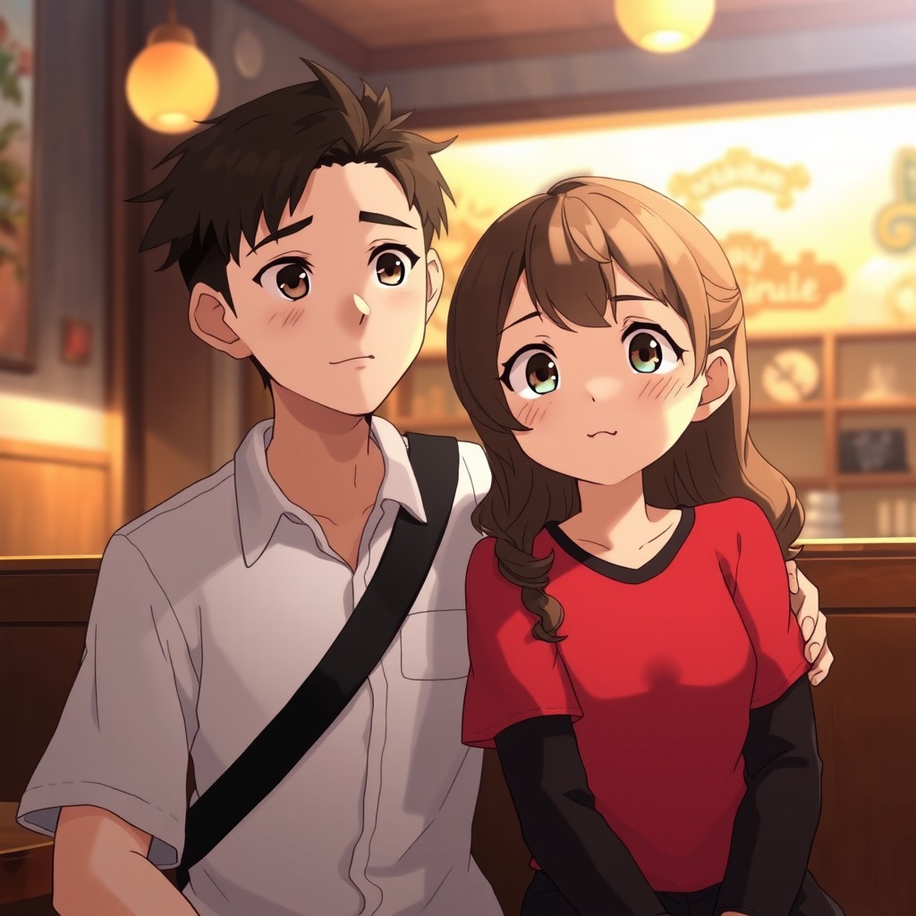 A charming scene inside a Filipino-style restaurant featuring two characters sitting close together