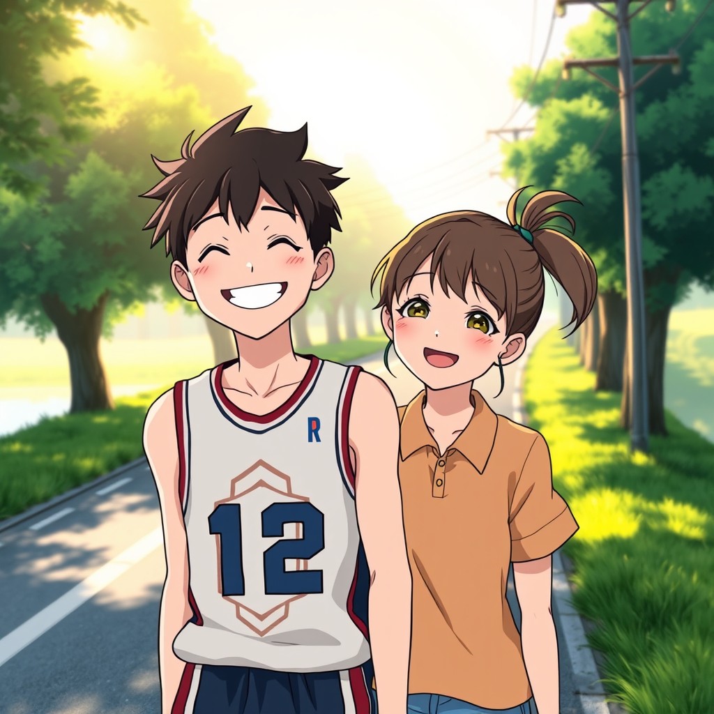 A Studio Ghibli-inspired anime illustration of a happy couple outside on a peaceful road near a quiet river or lake