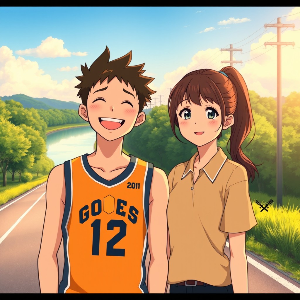 A Studio Ghibli-inspired anime illustration depicting a happy couple outside on a peaceful road near a calm river surrounded by lush trees and distant electrical poles during a warm late afternoon