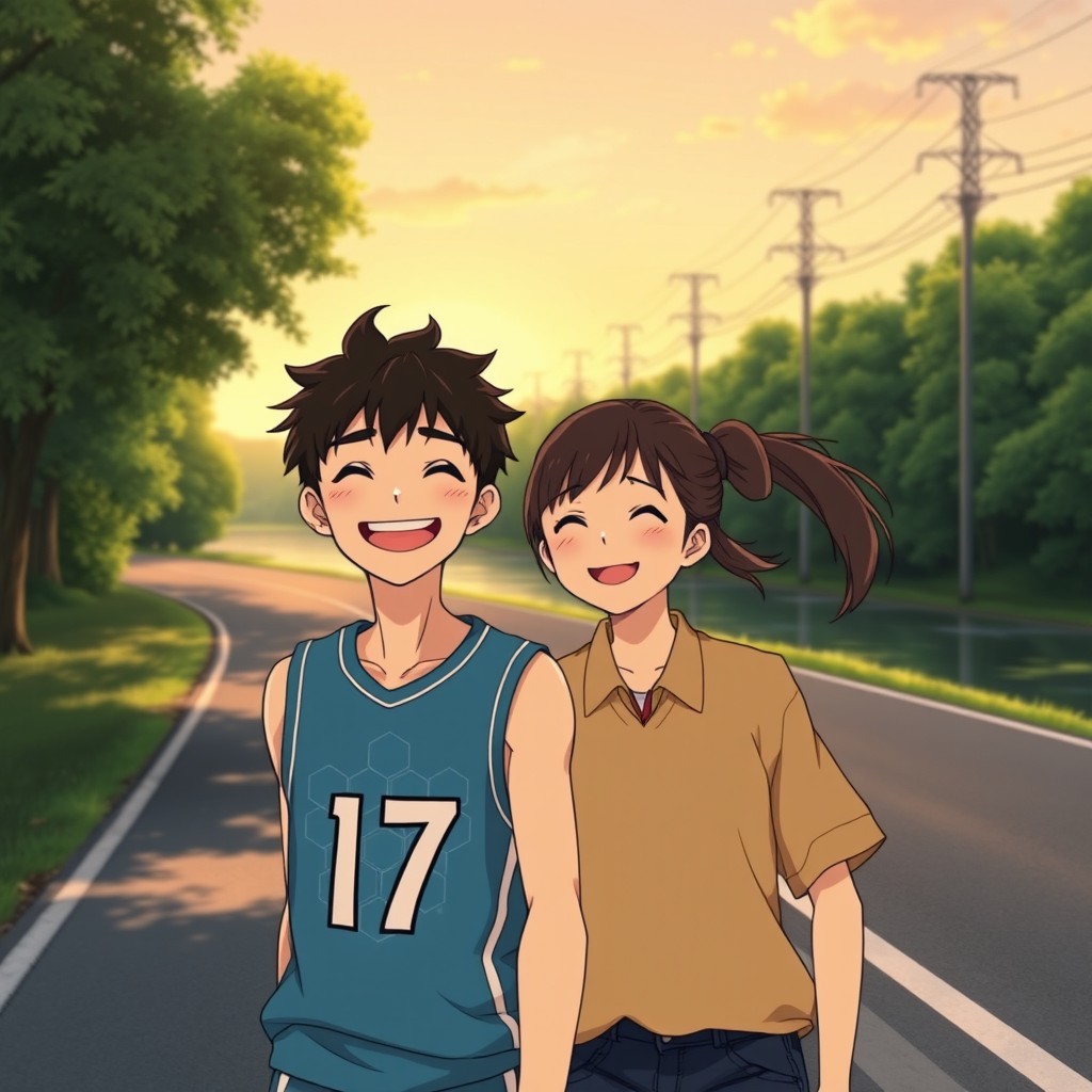 A Studio Ghibli-inspired anime illustration capturing a happy couple outside on a peaceful road by a tranquil river or lake, surrounded by lush trees and distant electrical poles during a warm late afternoon