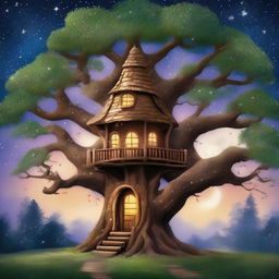 Create an image of a whimsical treehouse nestled on a gigantic ancient oak tree, enveloped by dense forest under a soft twilight sky with sparkly stars.