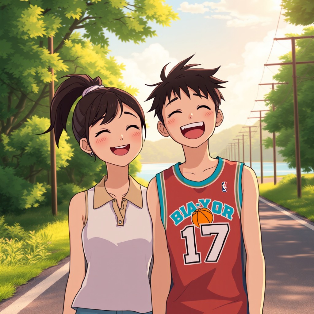 A Studio Ghibli-inspired anime illustration of a joyful couple outside on a peaceful road, near a serene river or lake, surrounded by lush green trees and a few vintage electrical poles