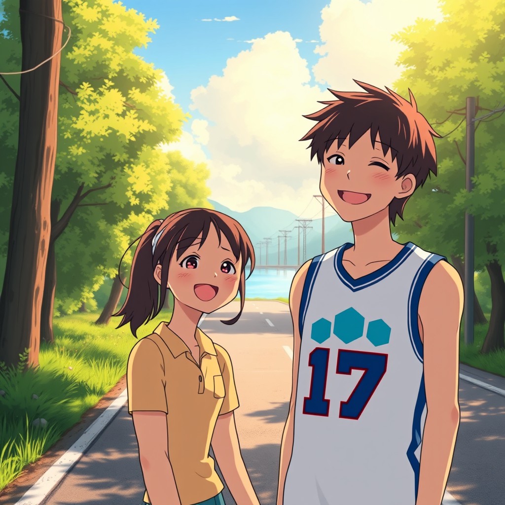 A Studio Ghibli-inspired anime illustration of a happy couple standing outside on a peaceful road near a tranquil river or lake, surrounded by lush green trees and distant electrical poles during a warm late afternoon