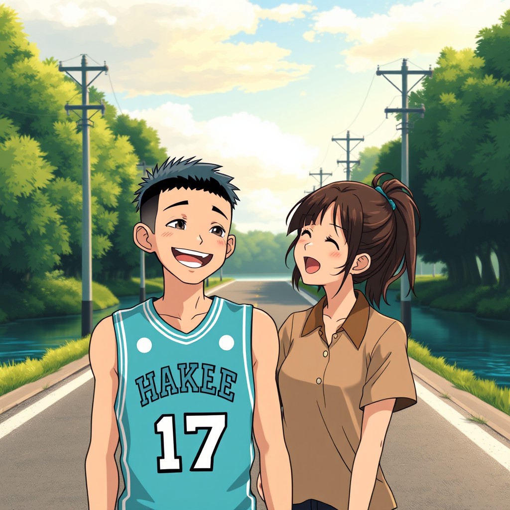 A beautiful Studio Ghibli-inspired anime illustration depicting a happy couple on a peaceful road near a tranquil river or lake, surrounded by lush green trees and electrical poles, during a warm late afternoon