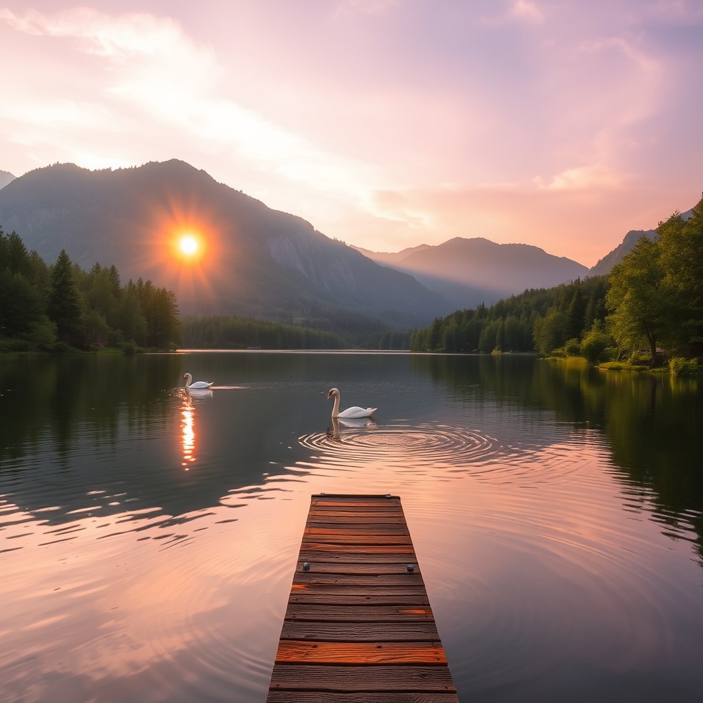 A serene and enchanting landscape featuring a tranquil lake surrounded by lush green trees and mountains in the background