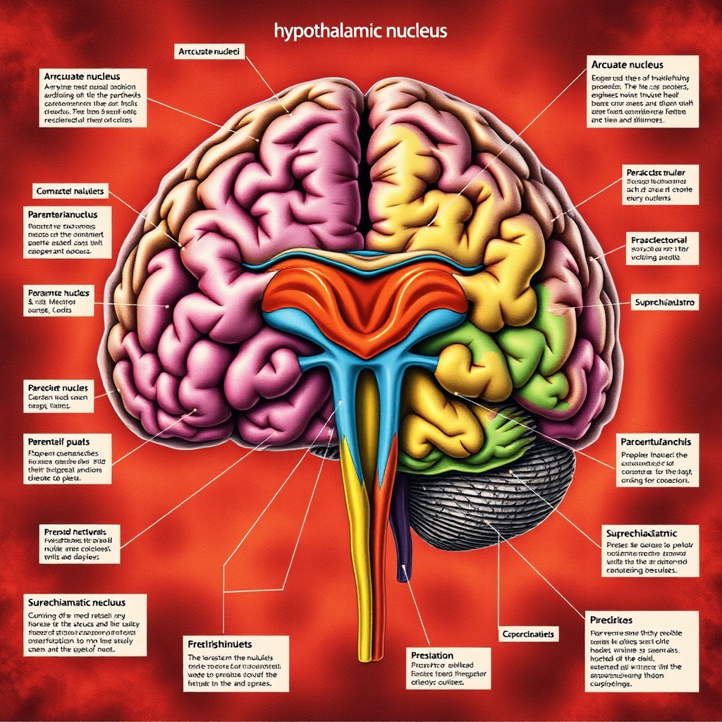A detailed and intricately labeled illustration of the hypothalamic nuclei, showcasing various nuclei such as the arcuate nucleus, paraventricular nucleus, and the suprachiasmatic nucleus