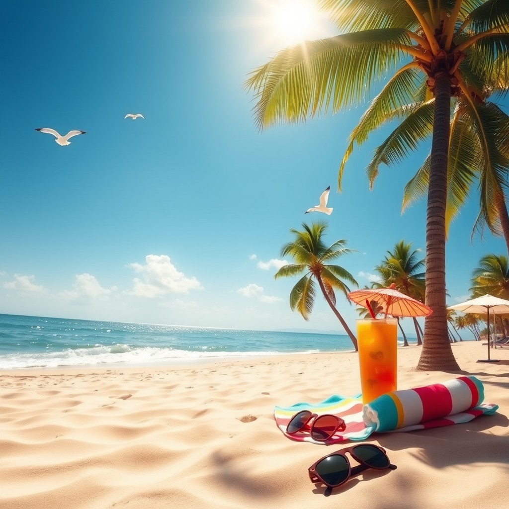 A beautiful summer beach scene featuring soft, golden sand, lush palm trees swaying in a gentle breeze, and a bright sun shining in a clear blue sky