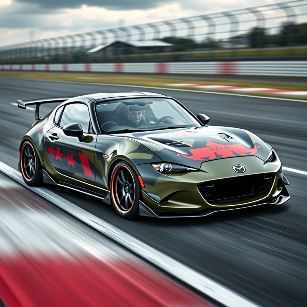 A Mazda MX-5 ND sports car featuring a Pandem body kit, uniquely designed to resemble a toe fighter aircraft