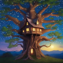 Create an image of a whimsical treehouse nestled on a gigantic ancient oak tree, enveloped by dense forest under a soft twilight sky with sparkly stars.