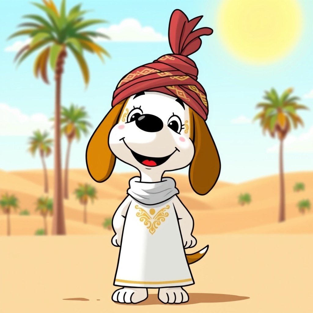 A cheerful cartoon beagle, resembling Snoopy, wearing traditional Sudanese attire including a white jubah and a colorful turban