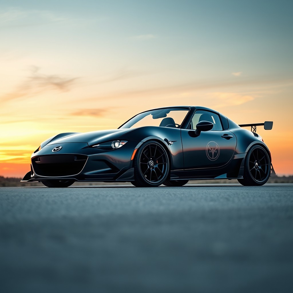 A Mazda MX-5 ND sports car equipped with a Pandem body kit, creatively styled to resemble a TIE fighter from the Star Wars universe