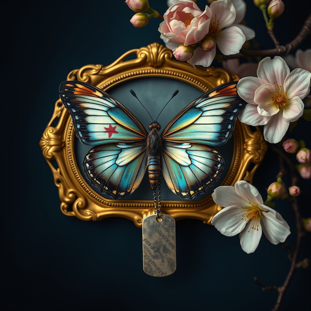 A detailed composition showcasing a butterfly at the center, symbolizing transformation and refinement