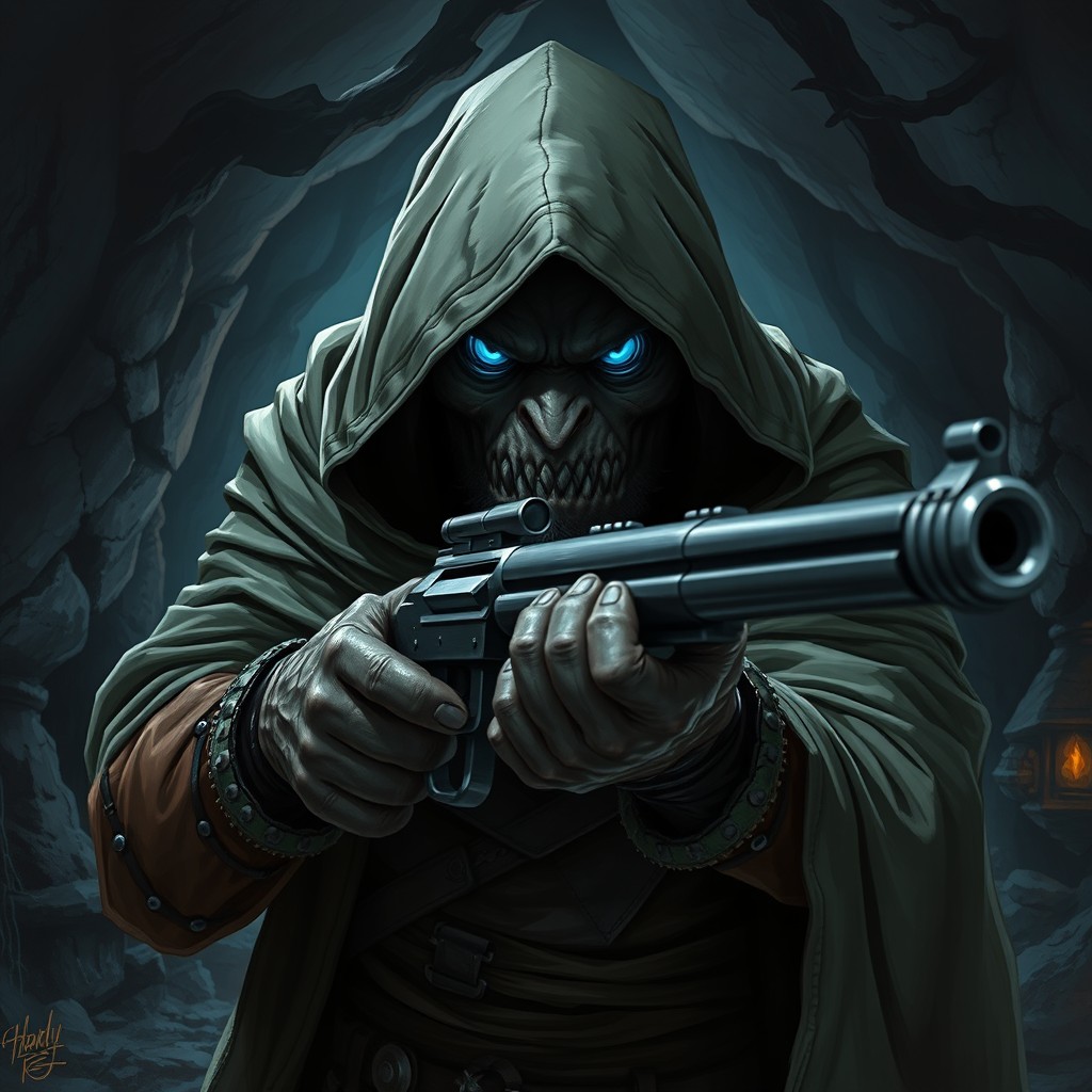 An angry Duergar with glowing blue eyes, shrouded in a hooded cloak that fully conceals his face, stands in a dark fantasy environment typical of Dungeons & Dragons