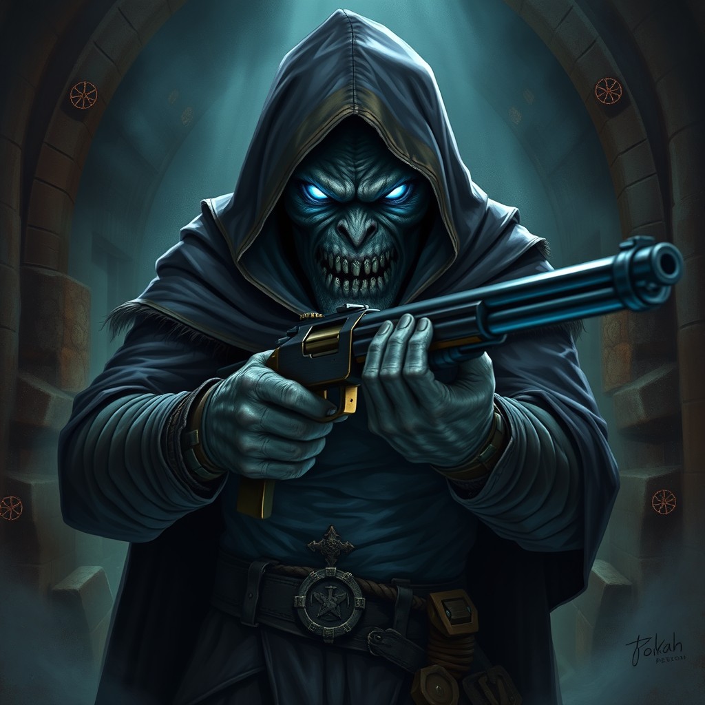An angry Duergar with glowing blue eyes, wearing a hooded cloak that fully conceals his face, standing menacingly
