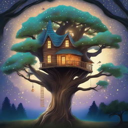 Create an image of a whimsical treehouse nestled on a gigantic ancient oak tree, enveloped by dense forest under a soft twilight sky with sparkly stars.