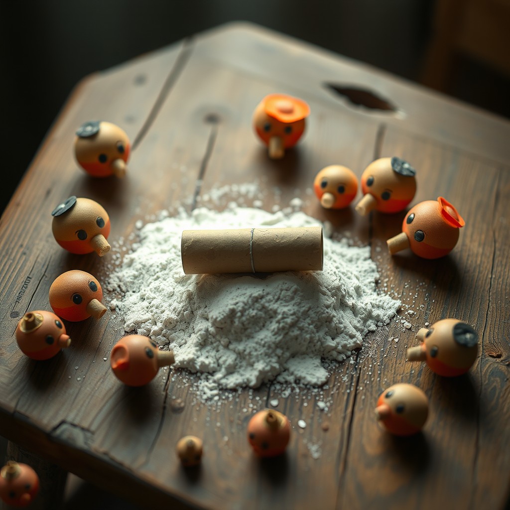 A whimsical scene depicting a table surrounded by poppy seeds