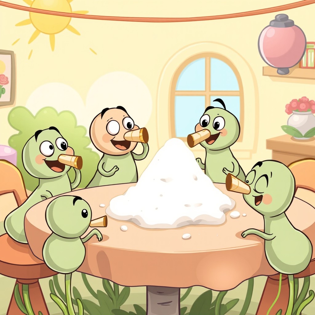 A whimsical cartoon-style scene featuring a table surrounded by playful, anthropomorphic poppy seeds