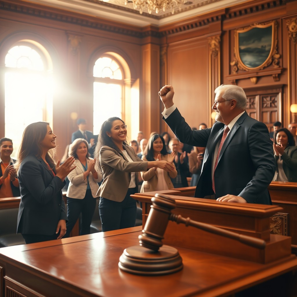 A vibrant scene depicting a courtroom where a celebratory atmosphere prevails, with a jury and judge in the foreground