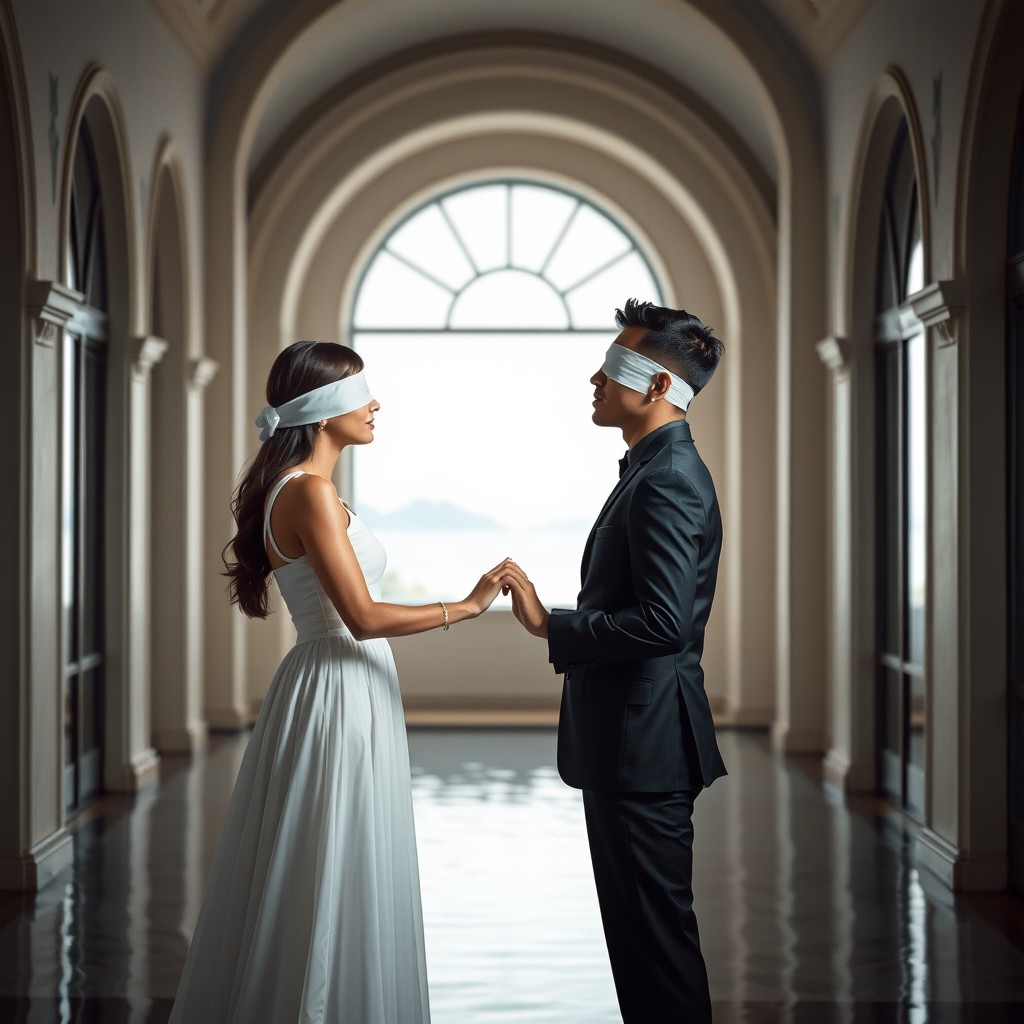 A man and a woman stand opposite each other in an elegant hall surrounded by graceful arched windows