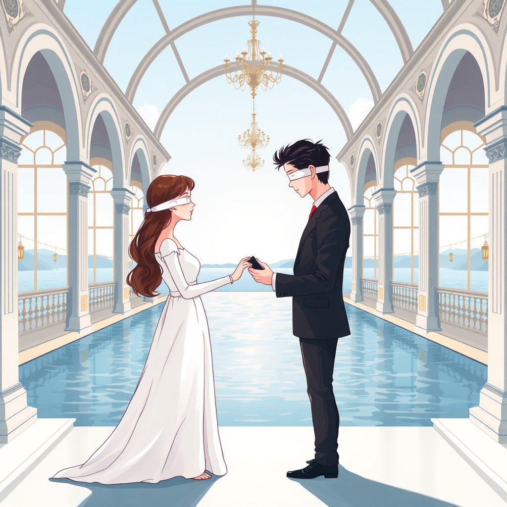 An illustration of a man and a woman standing opposite each other in a grand hall adorned with elegant arched windows
