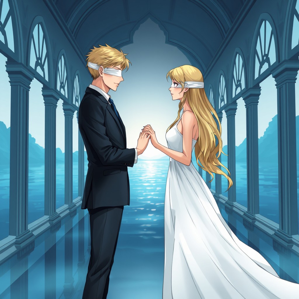 An illustration depicting a blonde man and a blonde woman standing opposite each other in a beautiful hall surrounded by elegant arched windows