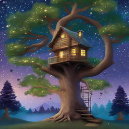 Create an image of a whimsical treehouse nestled on a gigantic ancient oak tree, enveloped by dense forest under a soft twilight sky with sparkly stars.