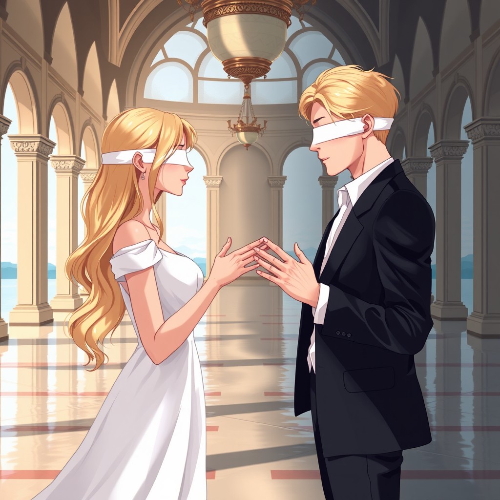 A digital illustration featuring a blonde man and a blonde woman standing opposite each other in a grand hall adorned with elegant arched windows
