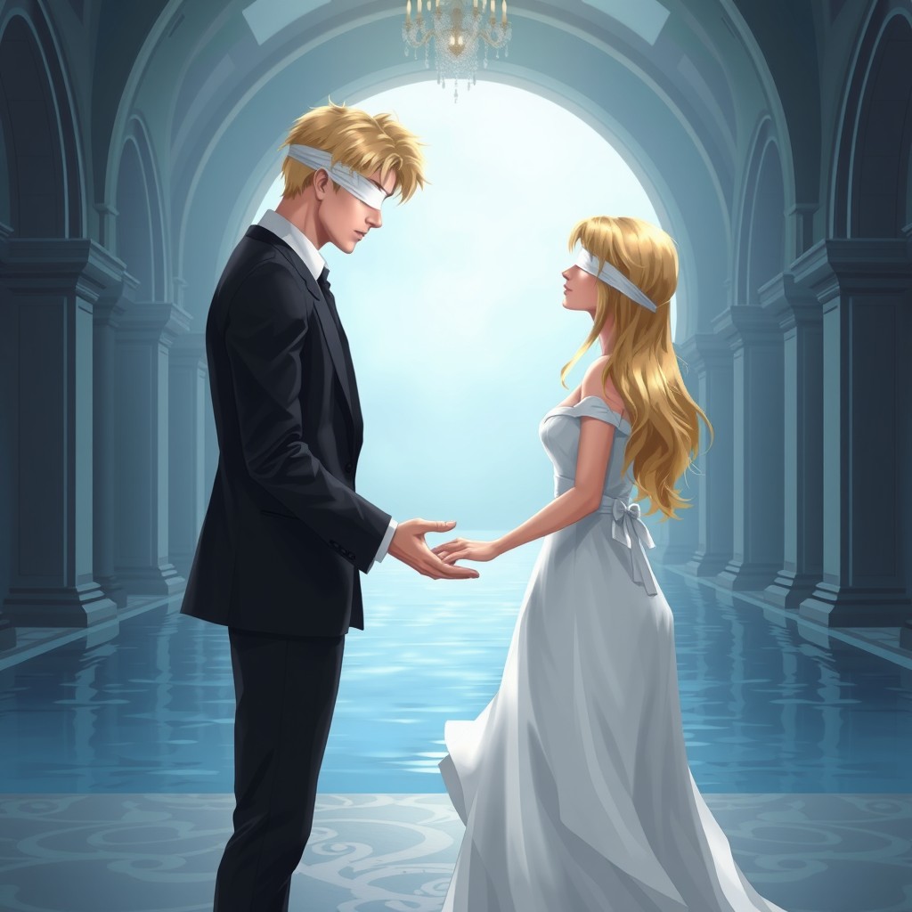 A romantic fantasy illustration featuring a blonde man and a blonde woman standing opposite each other in a grand hall surrounded by elegant arched windows