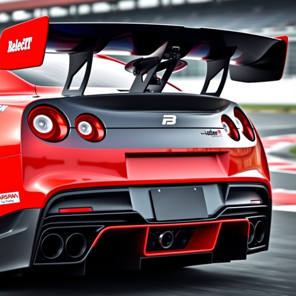 The rear end of a sporty racing car, showcasing its aerodynamic design and features