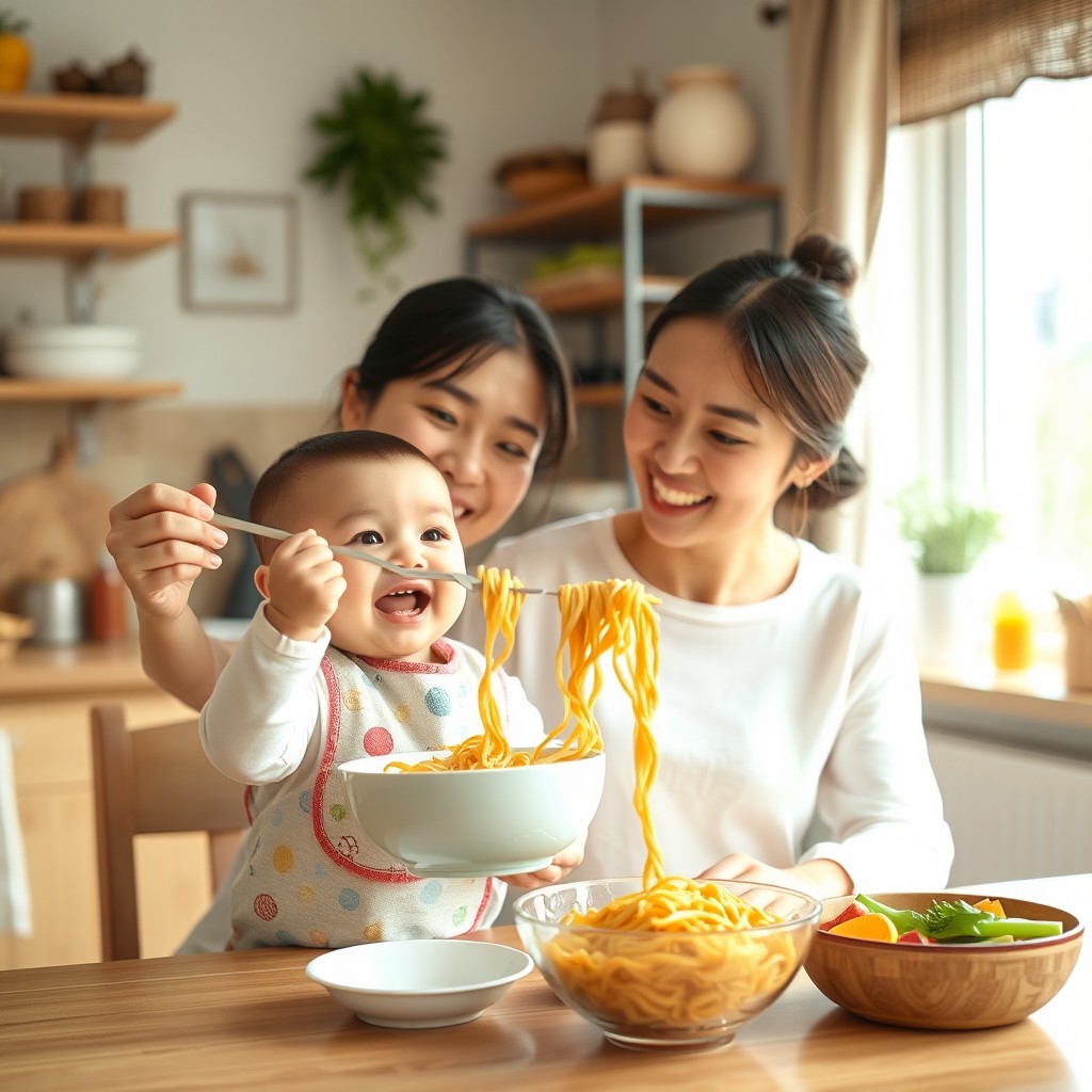 A warm and inviting kitchen scene featuring a loving mother sitting at a table, joyfully feeding her child a bowl of steaming noodles