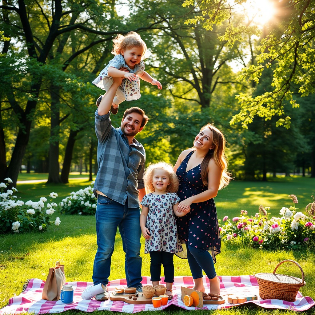 A joyful family portrait capturing a heartwarming moment in a lush, green park