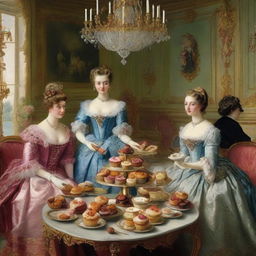 A classy depiction of European aristocrats elegantly indulging in decadently filled muffins in a lavishly decorated salon.