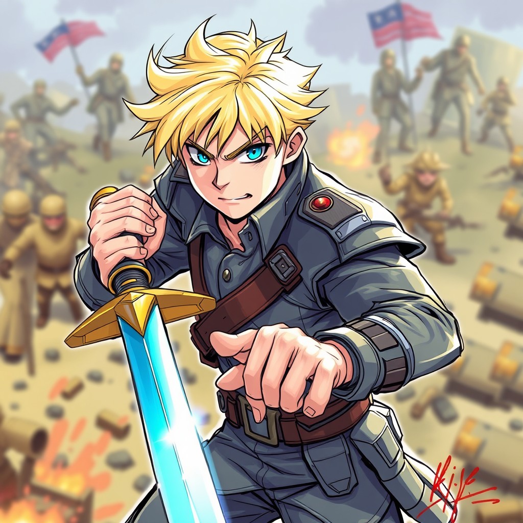 A strong young man with blonde hair, dressed in military attire, holding a saber, depicted in a vibrant colored sketch style