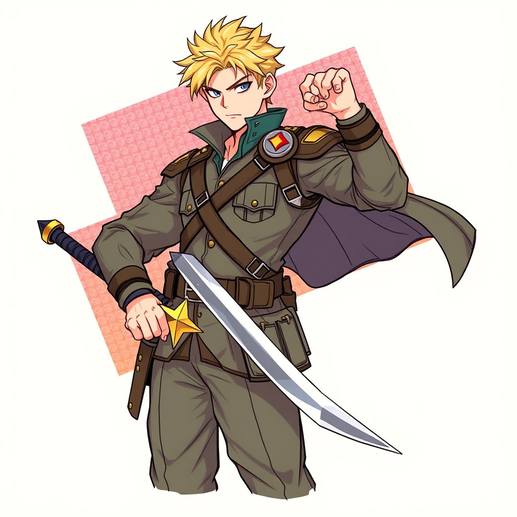 A strong young man with blonde hair, dressed in military clothes, holding a saber, depicted as a colorful drawing