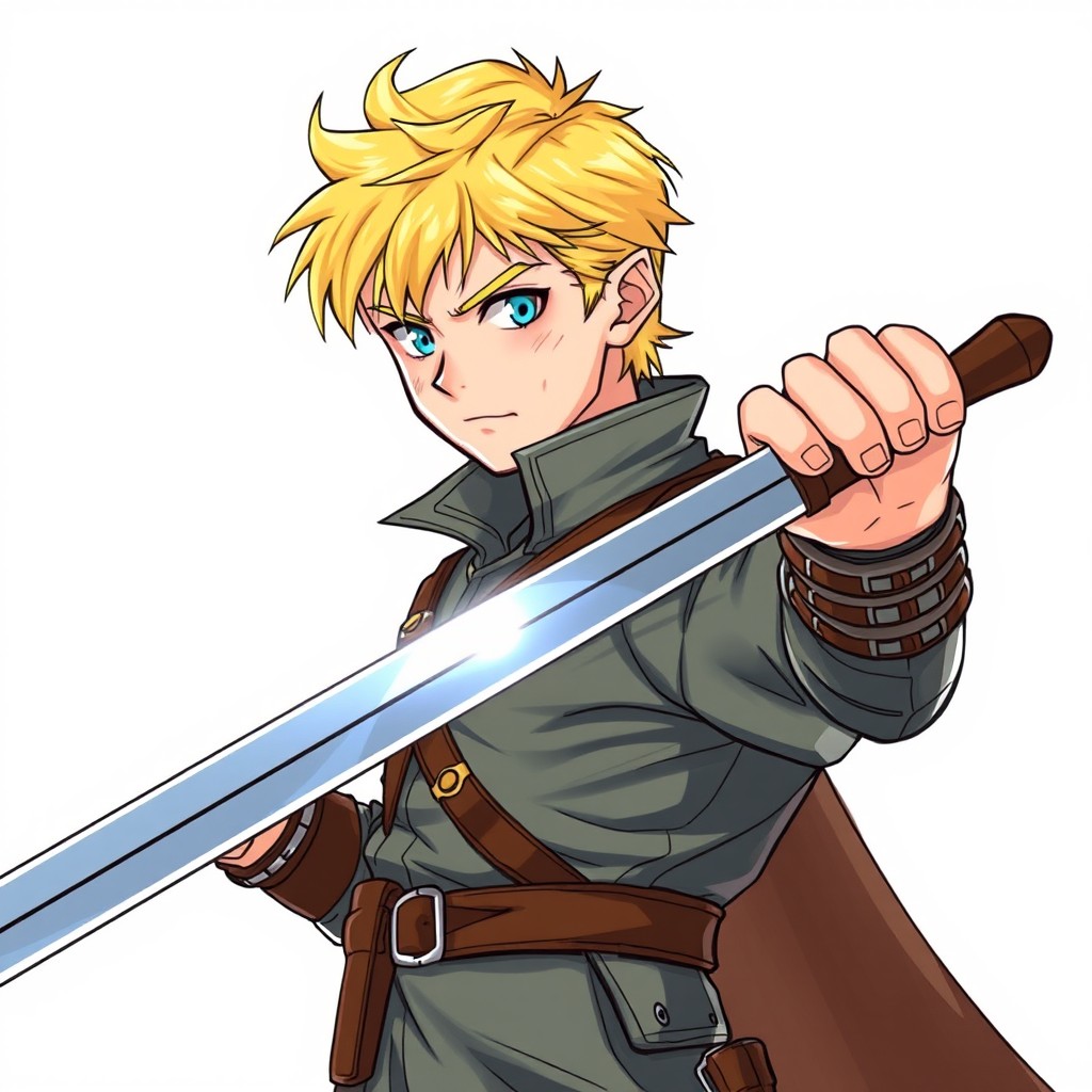 A strong young man with blonde hair, dressed in realistic military attire, holding a saber, illustrated in a colorful drawing style