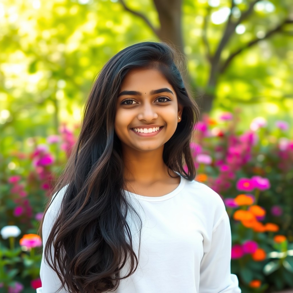 A portrait of a joyful Indian teenager standing in a vibrant outdoor setting, wearing a stylish casual outfit