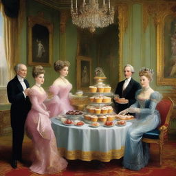 A classy depiction of European aristocrats elegantly indulging in decadently filled muffins in a lavishly decorated salon.