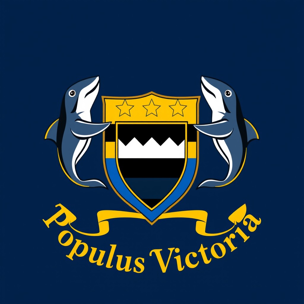 A coat of arms design with a blue, yellow, black, and white color scheme