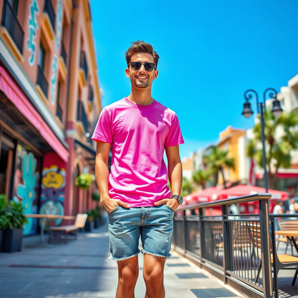 A casual scene featuring a stylish individual wearing a vibrant pink t-shirt, standing against a lively urban backdrop
